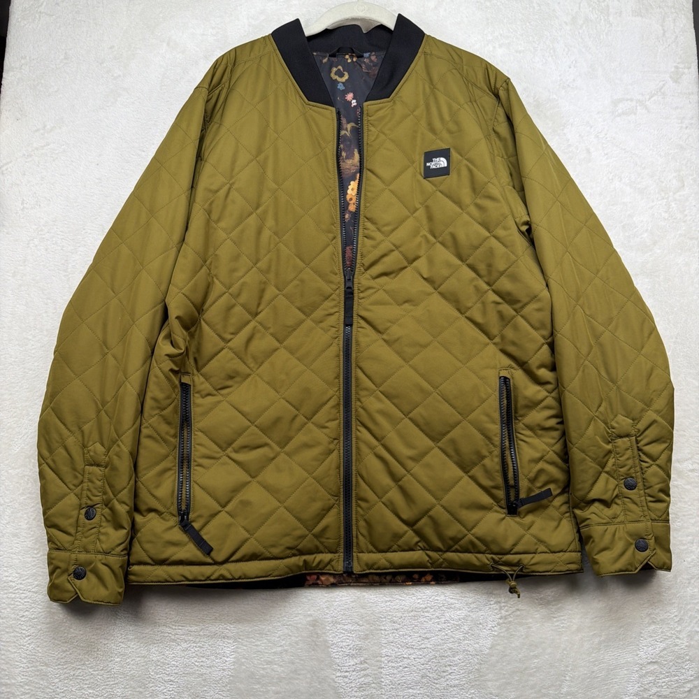 The North Face Reversible Bomber Jacket Mens Large Quilted Floral Olive Green‎
